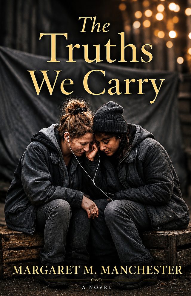 Book cover for The Truths We Carry by Margaret M. Manchester, showing two women sitting close together sharing earbuds